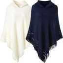 Liitrsh 2 Pcs Shawl Poncho Sweaters for Women Knitted Hooded Cape with Fringed Hem Crochet Poncho Pullover Sweaters (One Size, Beige, Navy Blue)