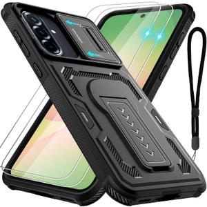 for Samsung Galaxy A36 5G/A56 5G Case with 2 Pack Screen Protector, Upgrade Slide Camera Cover & Kickstand, Lanyard Strap, Military Grade Shockproof Heavy Duty Robust Bumper Phone Case, Black
