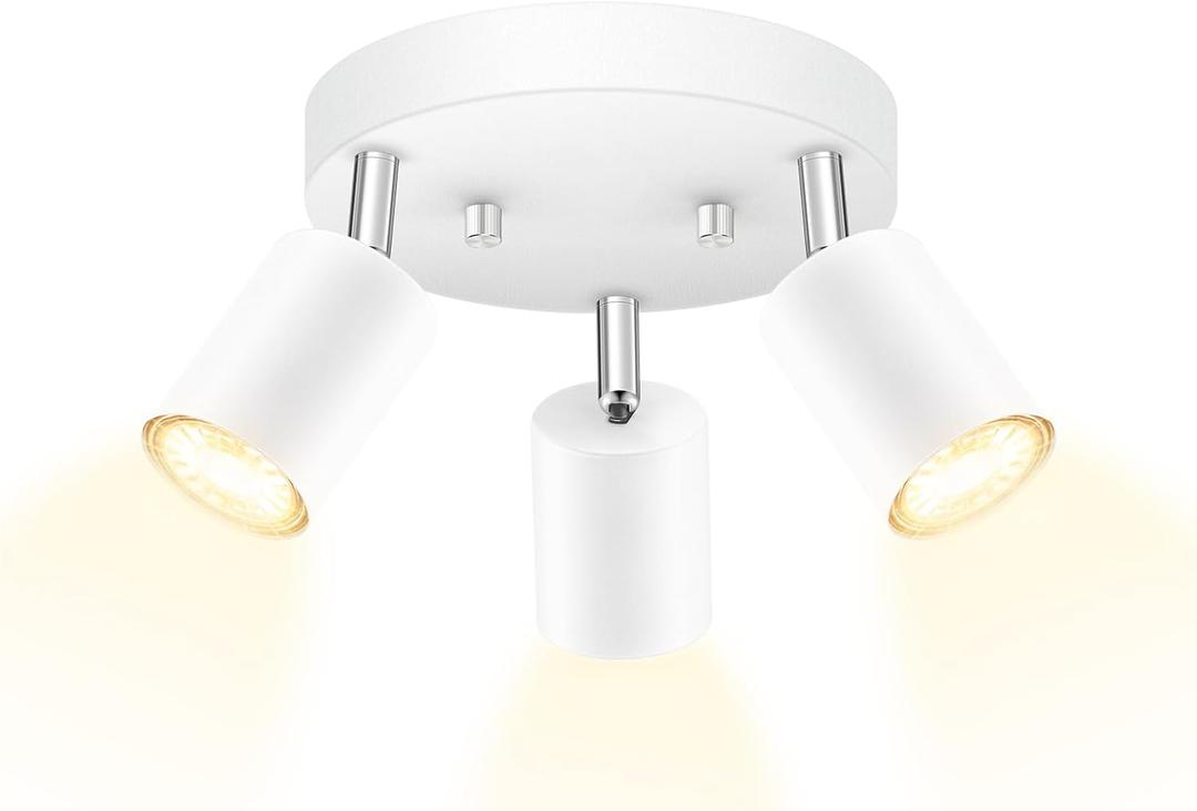AUQUEE LED 3 Light Track Lighting Kit, LED Track Lighting Fixtures, White Round Ceiling Spot Lighting, Flexibly Rotatable Light Head for Kitchen, Living Room, Bedroom, GU10 Bulb Not Included