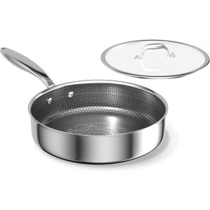COOKER KING 3.6-Quart Hybrid Stainless Steel Saut Pan with Lid, 10" Tri-Ply Clad Deep Frying Pan, Non-Stick & Non-Toxic Skillet for Egg, Cake, Seafood, Induction Compatible, Oven & Dishwasher Safe