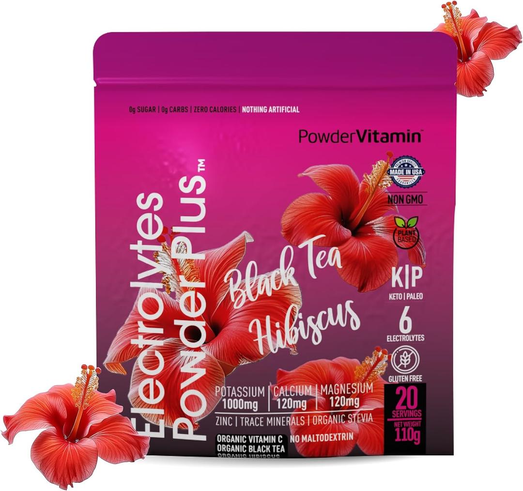4 x PowderVitamin Electrolytes Powder Plus (20 Servings) Black Tea Hibiscus Electrolyte Powder Keto, Sugar Free, Pink Himalayan Salt,1000mg Potassium,120mg Calcium,120mg Magnesium, Hydration Powder