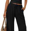 Trendy Queen Women's 2 Piece Matching Lounge Sets Summer Henley Neck Slightly Crop Top Wide Leg Pants Casual Sweat Suit, Size: Small (Black)