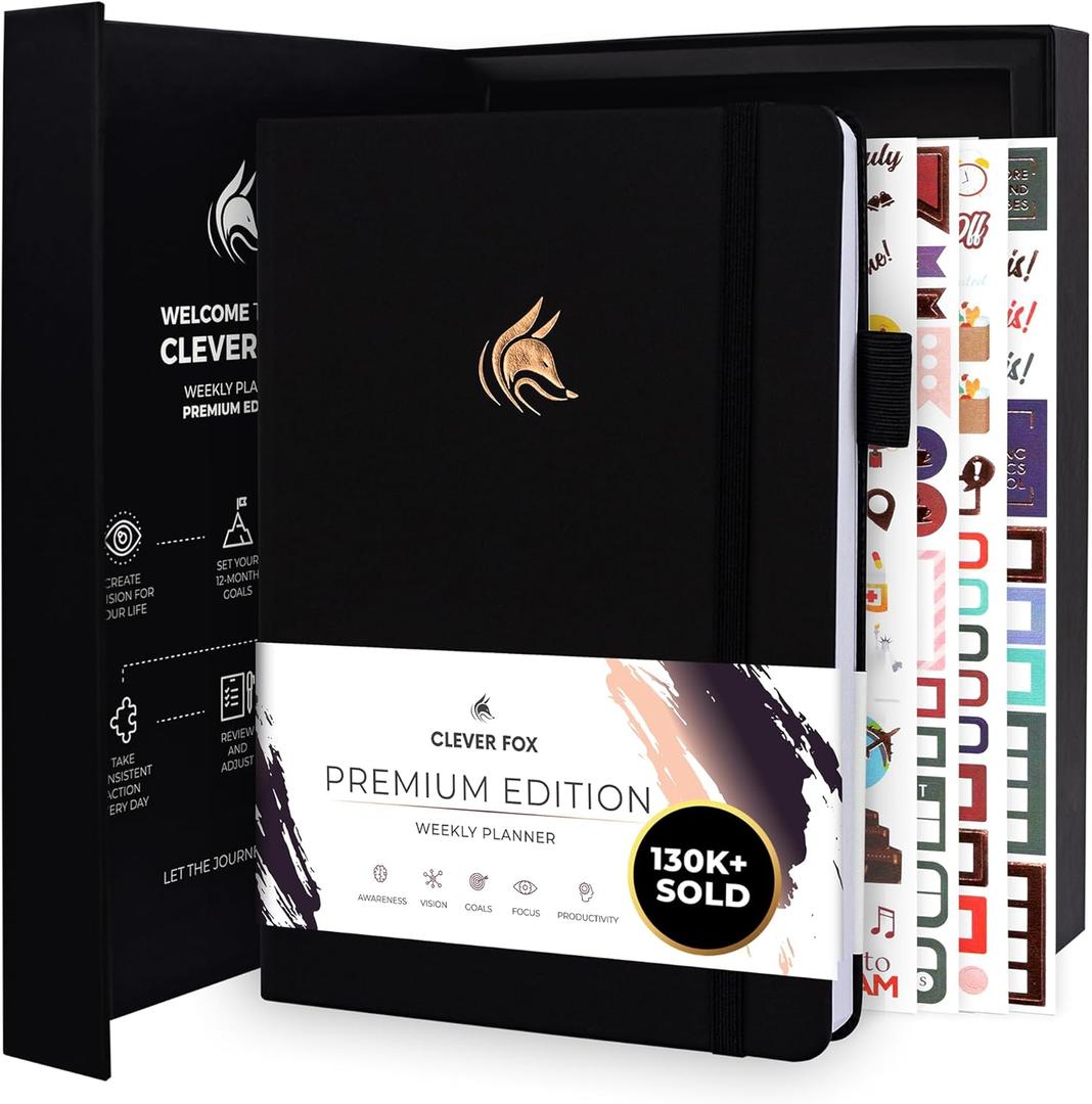 Clever Fox Planner Premium Edition  Undated Luxurious Weekly & Monthly Planner to Increase Productivity and Hit Your Goals  Organizer  Start Anytime, A5, Lasts 1 Year, Black (Weekly)