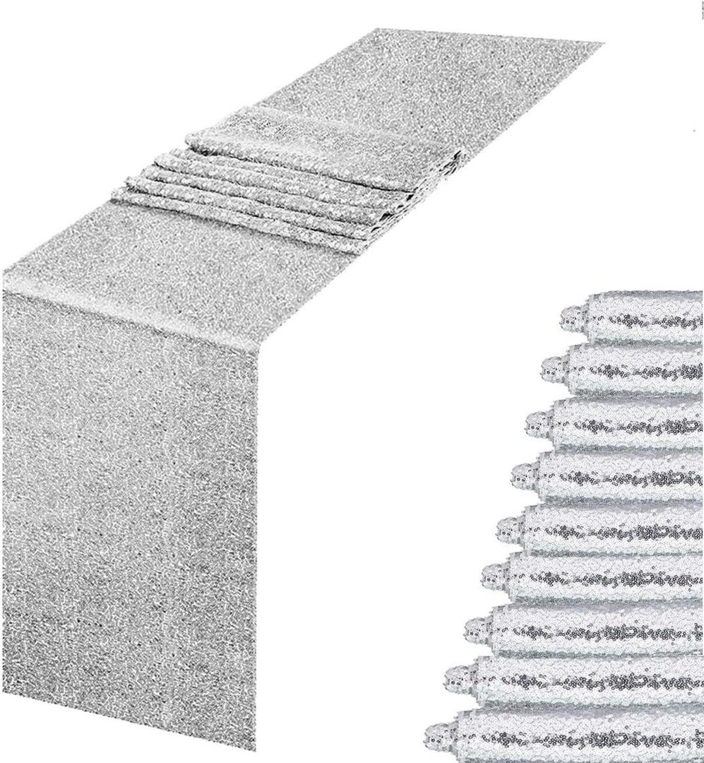 10 Pack Silver Table Runner 12 x 108 inch Sequin Table Runner Party Decor Glitter Table Linens Runner Sparkly Dinner Party Supplies Fabric for Baby Shower Holiday Celebration