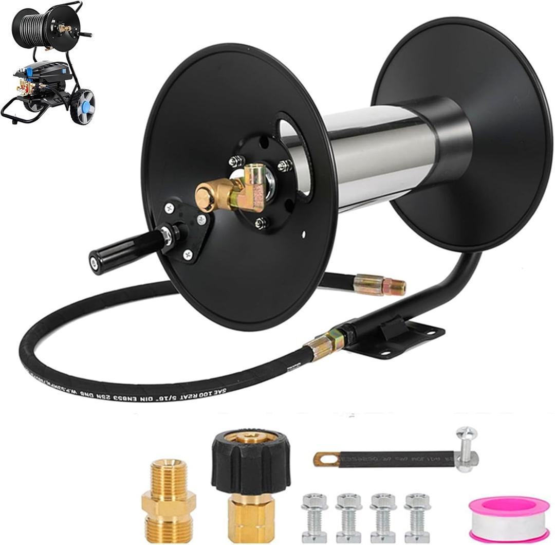 Pressure Washer Hose Reel100FT Power Washer Hose Reel 3/8" NPT Outlet Pipe Heavy Duty Steel High Pressure Washer Reel 4000 PSI with Hand Crank Swivel Arm