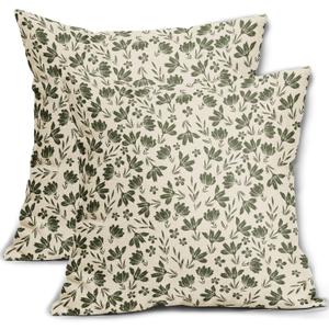 Olive Green Floral Pillow Covers 18x18 Set of 2 Vintage Rustic Old Style Cute Small Flower Green Cream Print Decorative Outdoor Pillowcases Farmhouse Throw Cushion Case Decor for Couch Sofa Bed