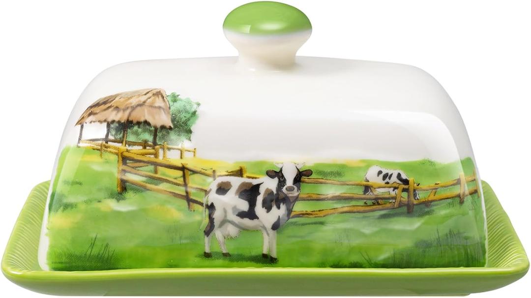 Cow Butter Dish with Lid for Countertop, Large Ceramic Embossed Butter Keeper Holder Storage, Farmhouse Butter Container Tray for East West Coast Butter Cow Kitchen Decor