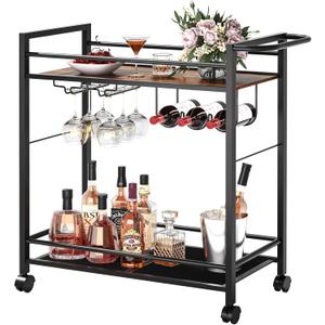 Bar Cart,Home Bar Serving Cart with Storage Shelves, 2 Tier Rolling Beverage Cart with Wheels, Modern Wine Cart with Wine Rack and Glass Holder for Kitchen, Living Room,Dinning Room,Brown