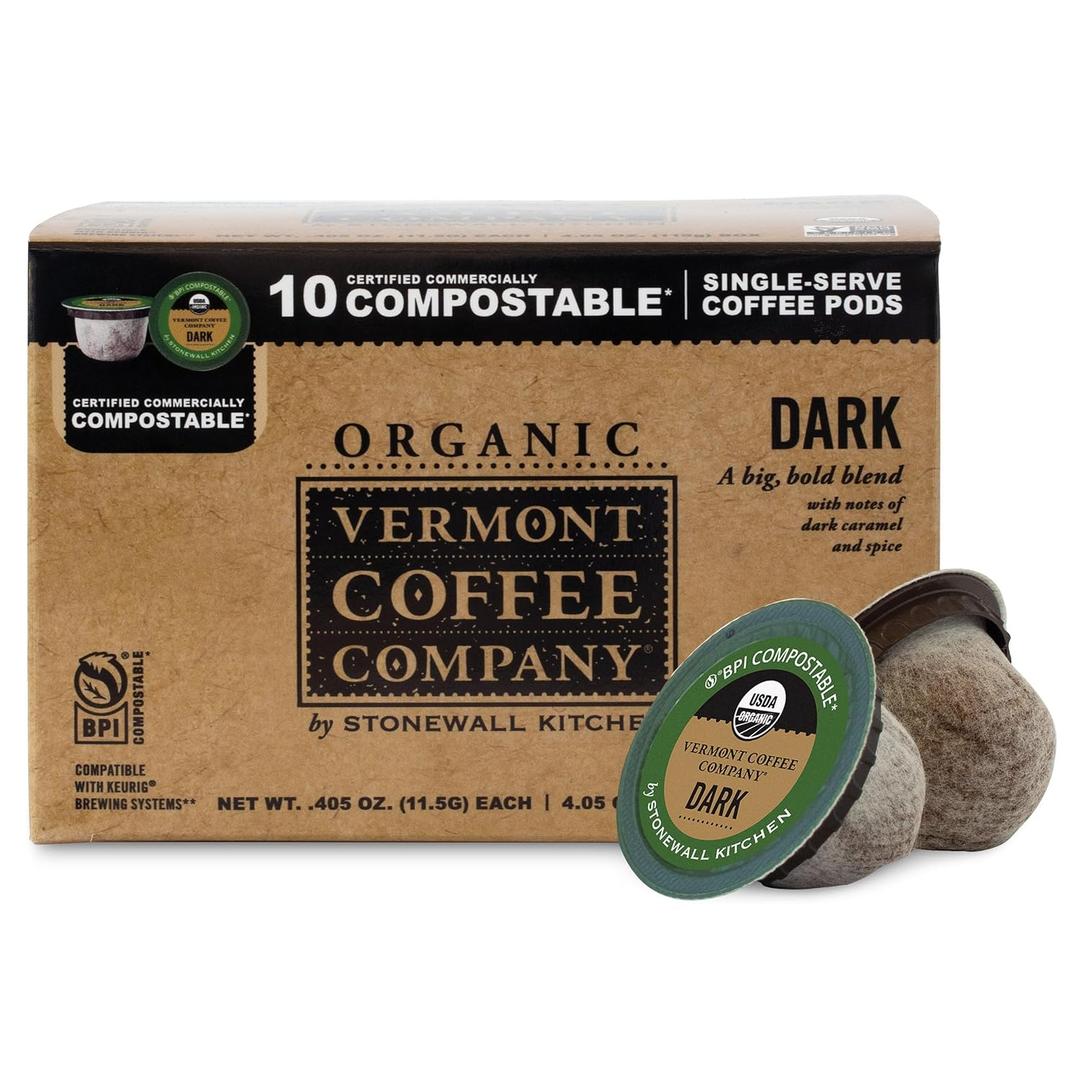 Vermont Coffee Company, Organic Dark Roast Coffee, K-Cup Single-Serve Compostable Coffee Pods, 10CT (BBD 04/14/26)