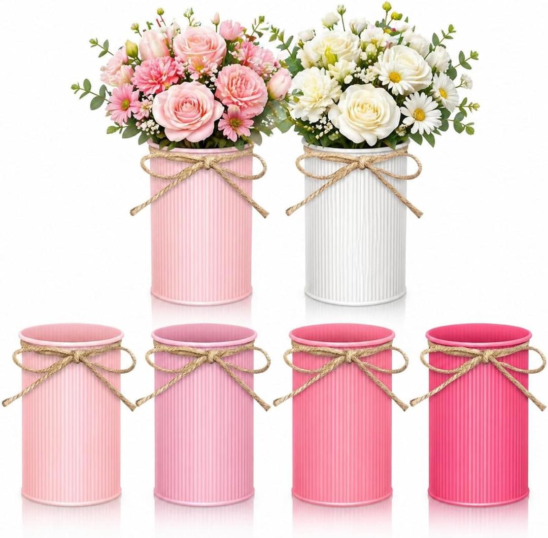 Domensi 6 Pcs Pink Farmhouse Vase with Twine Bow for Table Centerpieces 4.53" Small Rustic Flower Vase Galvanized Metal Pencil Holder Vintage Buckets for Wedding Reception Artificial Flower Stationery
