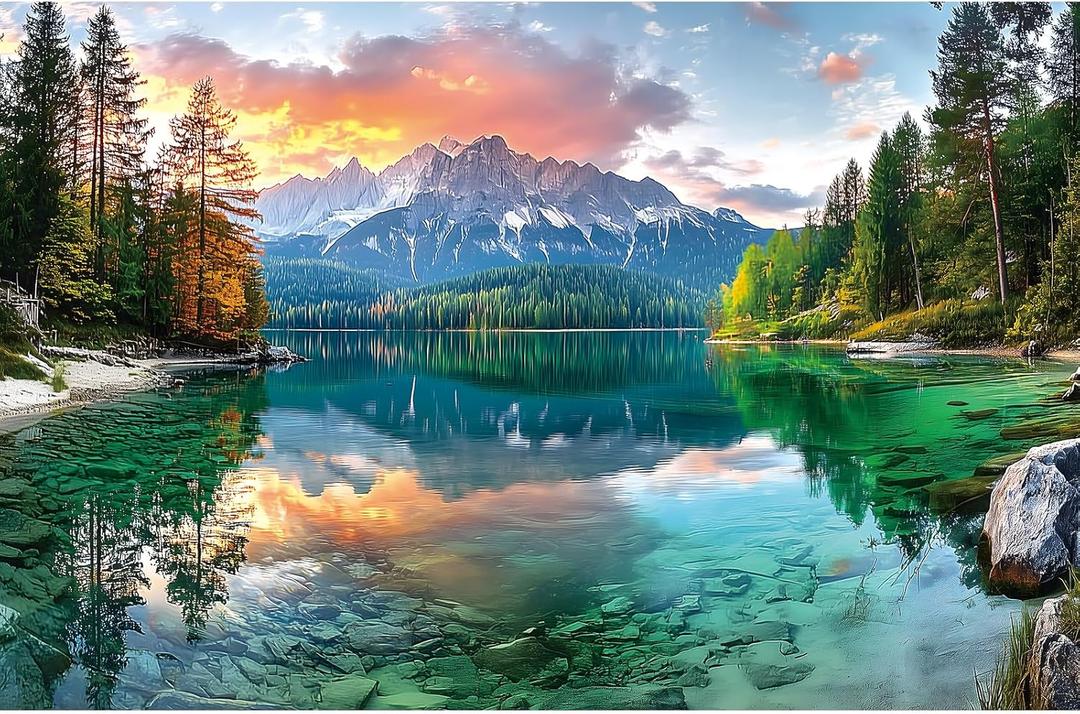 Mountain Lake Landscape 300 Piece Puzzle for Adults Beautiful Sunset Nature Scenery Jigsaw Puzzle with Letters on Back Perfect Family Seniors Game Night Gift