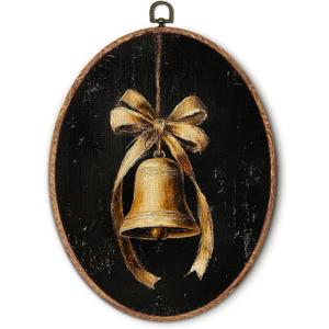 Hxlac Vintage Dark Christmas Gold Bell Oval Wall Art Framed, Moody Christmas Bell Oval Wall Decor, Cottagecore Xmas Hanging Canvas Prints Wall Sculptures for Home Living Room Decor, 8.5x11.5 Inch