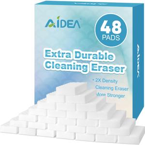 AIDEA Magic Sponges Cleaning Eraser, 2X Density Stronger Sponge for Household, Powerful Scrubber Foam Pads, Multi-Surface Cleaning Supplies for Kitchen, Furniture, Bathroom, Sink, Wall, 48 Pads