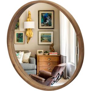 36" Bathroom Mirror, Round Wall Mirror with Wood Frame, Farmhouse Mirrors for Wall Decor, Wall-Mounted Mirrors for Bedroom, Living Room, Brown