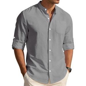 Men's Cotton Linen Shirts Long Sleeve Button Down Shirt Band Collar Beach Summer Casual Shirts Large
