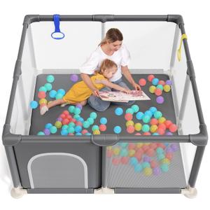 Baby Playpen 4747 Inch, Small Playpen for Babies and Toddlers Playards Indoor & Outdoor Safety Gate Floor Play Pen, Baby Play Area with Soft Breathable Visible Mesh, Anti-Fall, Grey