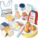 Lehoo Castle Wooden Play Food Set - Montessori Cutting Fruit Egg Bread, Pretend Breakfast Food Toys for Kids Kitchen, Educational Toddler Toys 3-5 Years, with Storage Bag, Birthday Gift for Boys Girls