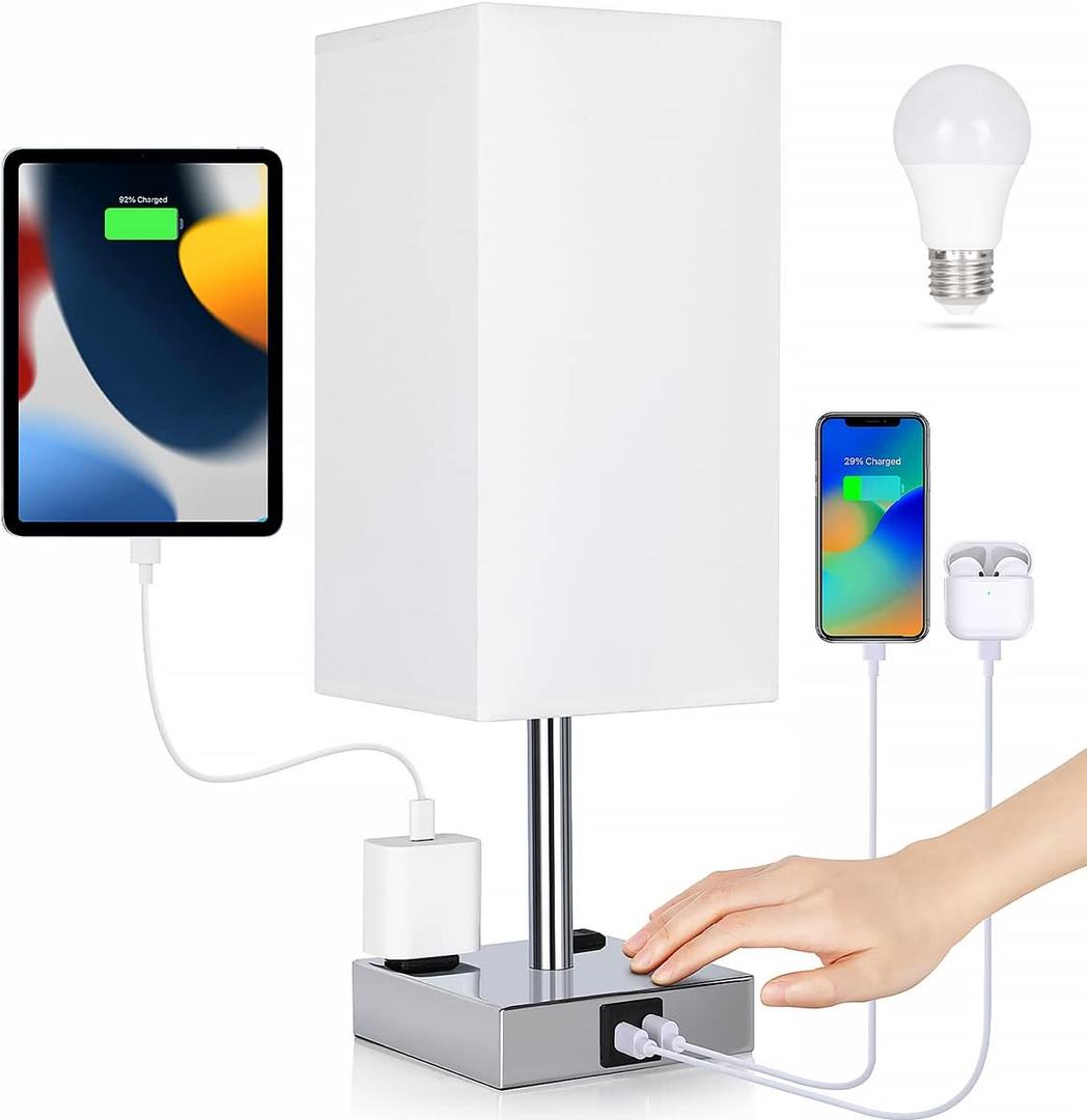 Bedside Lamp with USB Ports - Touch Control Table Lamp for Bedroom with USB C+A Charging Ports & AC Outlets, 3 Way Dimmable Nightstand Light for Living Room (LED Bulb Included, Chrome - White)