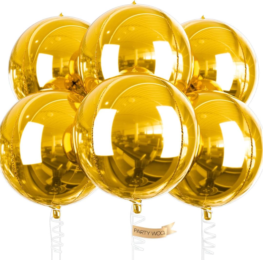 PartyWoo Metallic Gold Foil Balloons 6pcs 22 Inch Large Round Foil Big Giant 4D Jumbo Inflatable Mirror Ball Mylar Balloons for Graduation Birthday Baby Shower Anniversary Tea Party Decorations