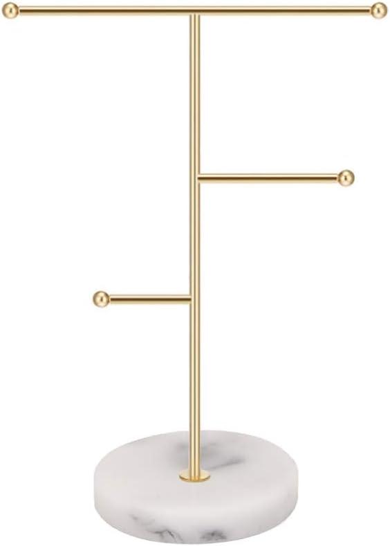 Jewelry Organizer, Solid Marble Gold T-Bar Necklace Display Stand Earrings Holder for Home with Marble Pattern Round Tray Jewellery Stand for Necklaces, Bracelets, Earrings, Rings and Watches