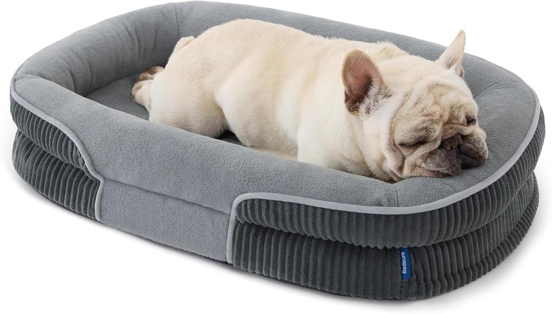 Bedsure Orthopedic Dog Bed Medium Size Dog - 360 Oval Bolster Medium Dogs Beds for Senior Dogs with Waterproof Washable Cover, Comfort Pet Sofa Couch with Ultra-Soft Fleece, Grey, 30"