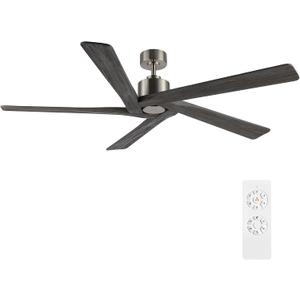 WINGBO 54 Inch DC Ceiling Fan without Lights, 5 Reversible Carved Solid Wood Blades, 6-Speed Noiseless DC Motor, Ceiling Fan No Light with Remote, Brushed Nickel Finish with Gray Blades, ETL Listed