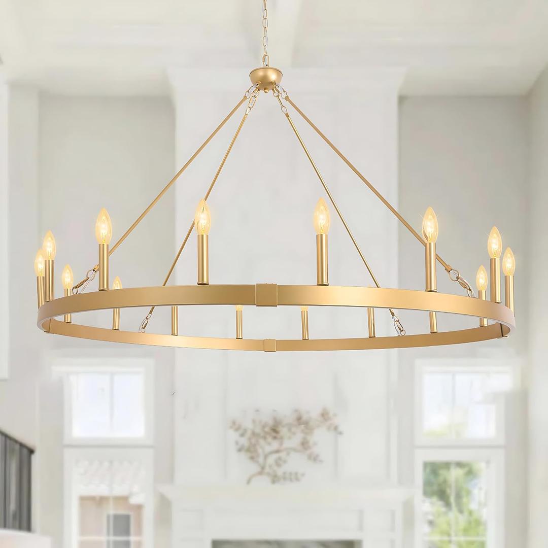 48" Large Gold Wagon Wheel Chandelier, 16-Light Modern Farmhouse Light Fixture for High Ceiling, Kitchen Island, Dining Room, Living Room, Entryway, Rustic Industrial Round Pendant Lighting