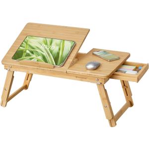 SONGMICS Bed Laptop Desk, Folding Bed Tray for Laptop up to 15.6 Inches, Adjustable Angle and Height, Portable for Working Reading Writing Breakfast, Bamboo, Drawer, Light Bamboo ULLD01N