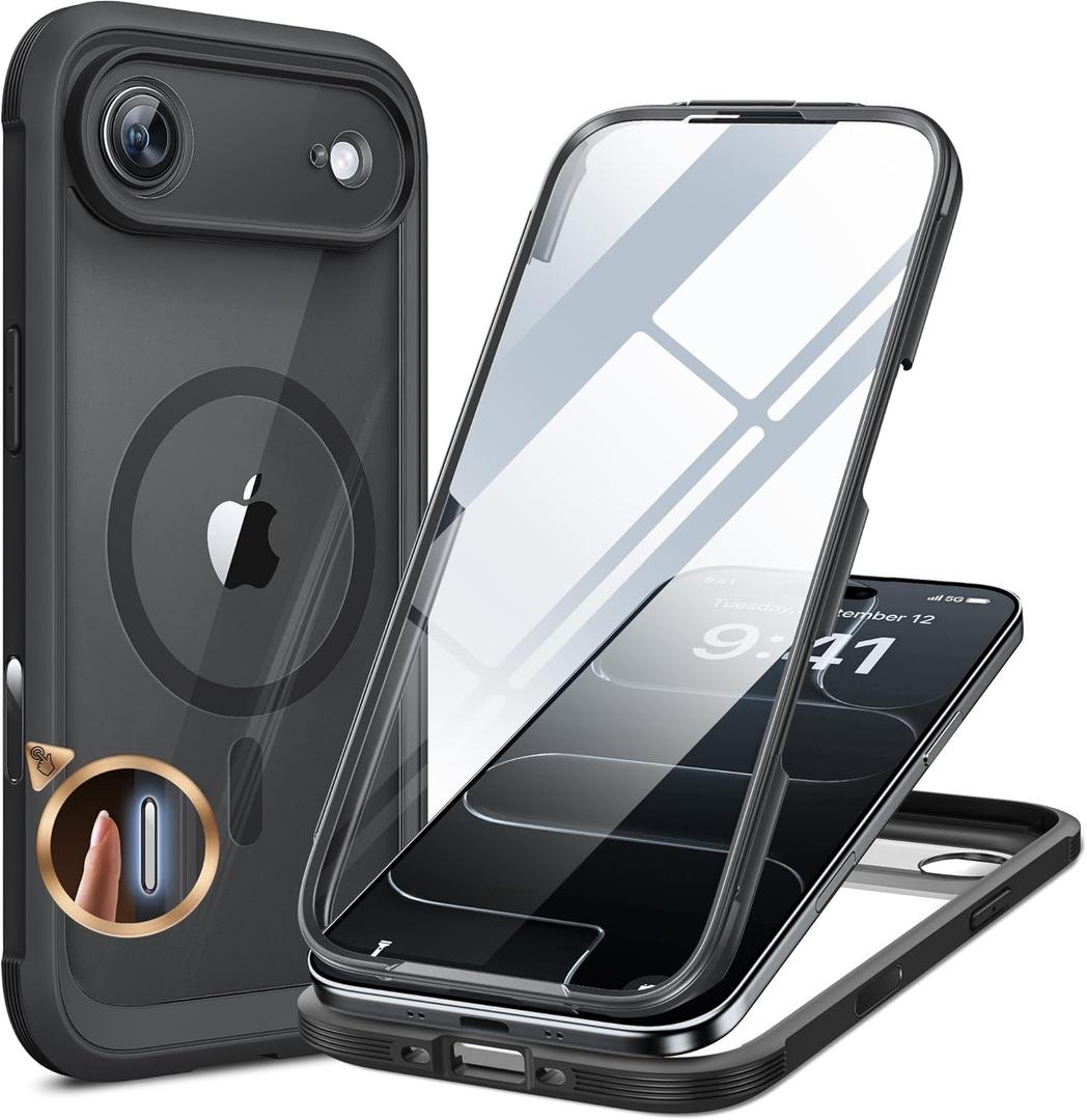 Miracase Magnetic for iPhone Air Case 6.5-inch with Camera Control, [Compatible with MagSafe] Full-Body Protection Slim Phone Case with Built-in Tempered Glass Screen Protector for 17 Air Case, Black