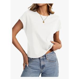 Womens Cap Sleeve Crop Tops Cotton T Shirts Crewneck Loose Fit Short Sleeves Tee Summer Fashion Clothes 2025 S