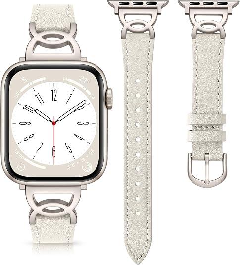 DaQin Slim Leather Band Compatible with Apple Watch Bands for Women 40mm 38mm 41mm 42mm 44mm 45mm 46mm, Top Grain Leather Band with DC-shaped Buckle for iWatch Band Series 11 10 9 8 7 6 5 4 3 2 1 SE