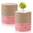 Barydat 2 Pcs 15'' Ottoman Pouf Natural Seagrass Braided Poof Hand Weaving Round Ottomans Boho Footrest Stool for Home Living Room Bedroom Patio(Natural and Pink)