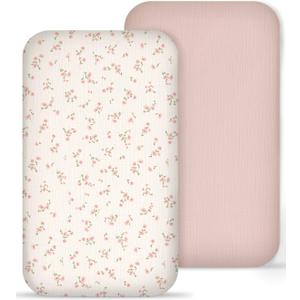 Muslin Bedside Bassinet Sheets 2 Pack, 33x20 Fitted Ultra Soft & Breathable Bedside Sleeper Sheets, Ideal for Baby Girl and Boy, Perfect for Newborns (Rosy)