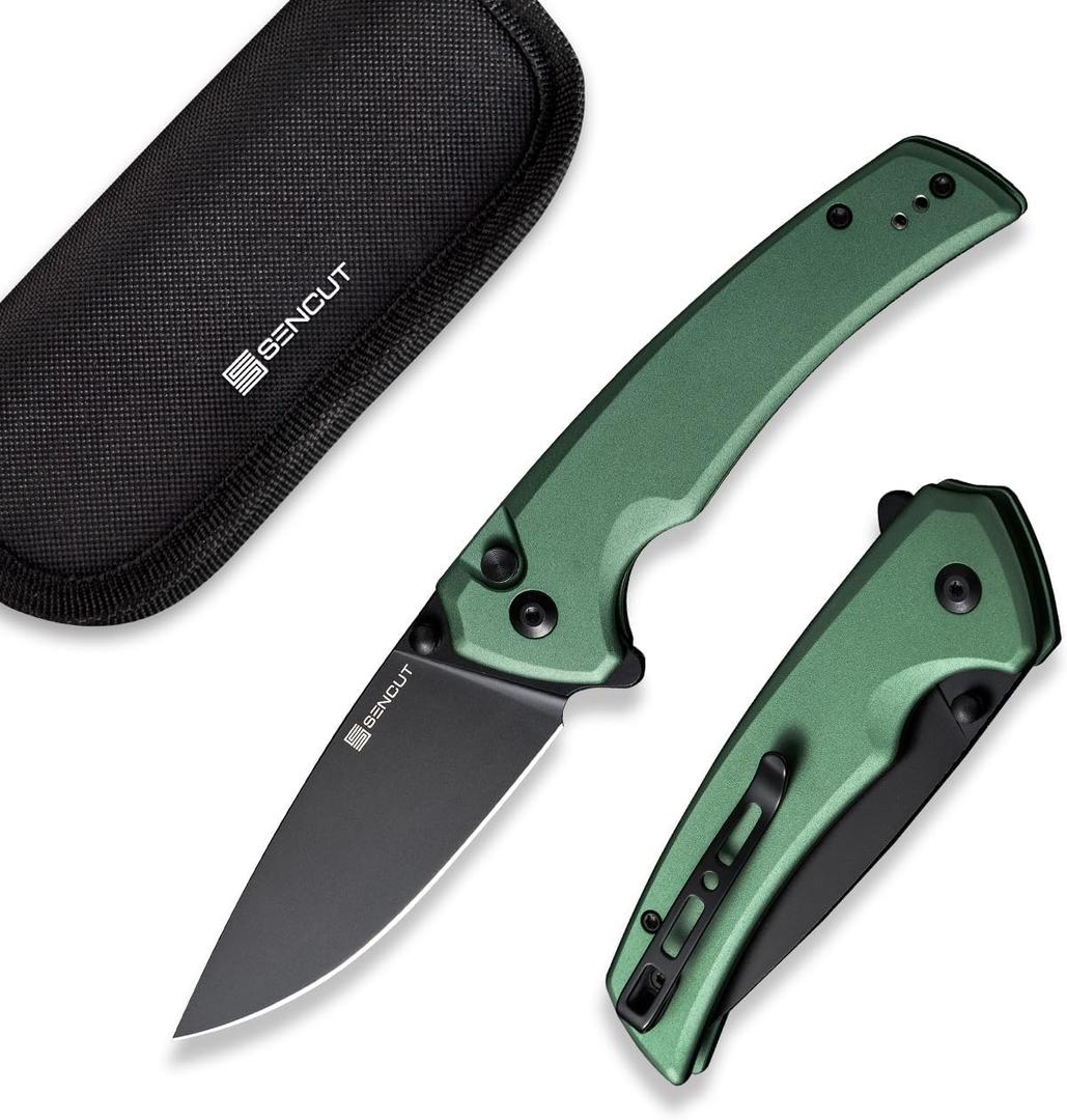 SENCUT Button Lock Pocket Knife for EDC, Serene Folding Knife, Thumb Stud & Flipper Opener, Aluminum Handle with 3.48" D2 Black Stonewashed Blade for Outdoor, Camping, Hunting S21022B-2 Green