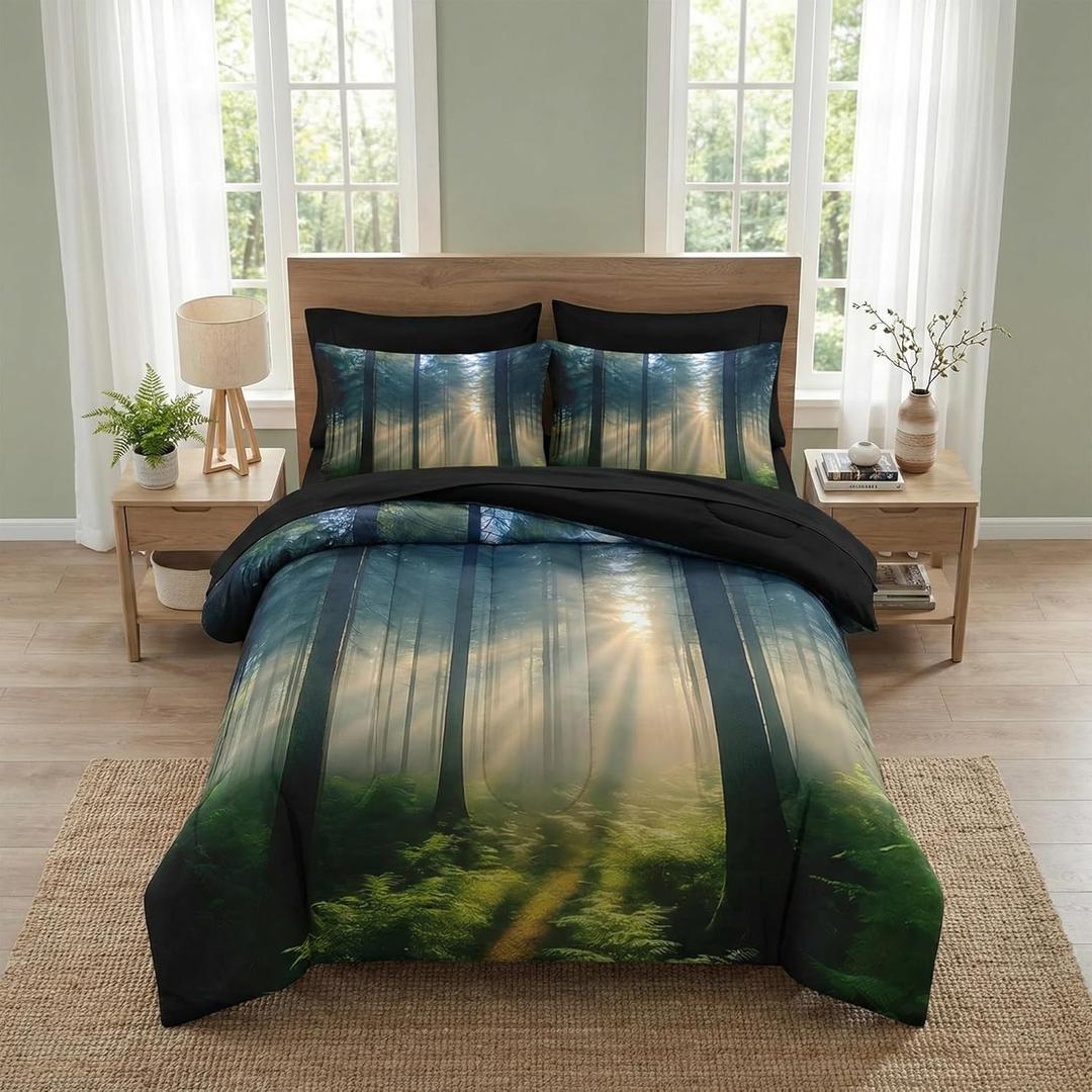 Nesker Comforter Set Full Size, Sunlit Forest Nature 7 Pcs Bedding for Kids and Adults, Misty Tree Forest Bed Sheet Sets with Fitted Sheet 2 Pillowcases & 2 Shams