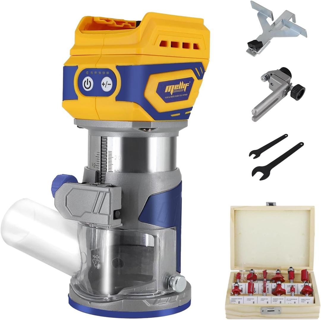 Cordless Compact Router, Mellif Brushless Palm Router Compatible with DeWalt 20V MAX Battery (Tool Only) 28,000RPM 600W w/Fixed Base, 12PCS 1/4" Router Bits, 5-Speed, Edge & Roller Guides, Dust Hood