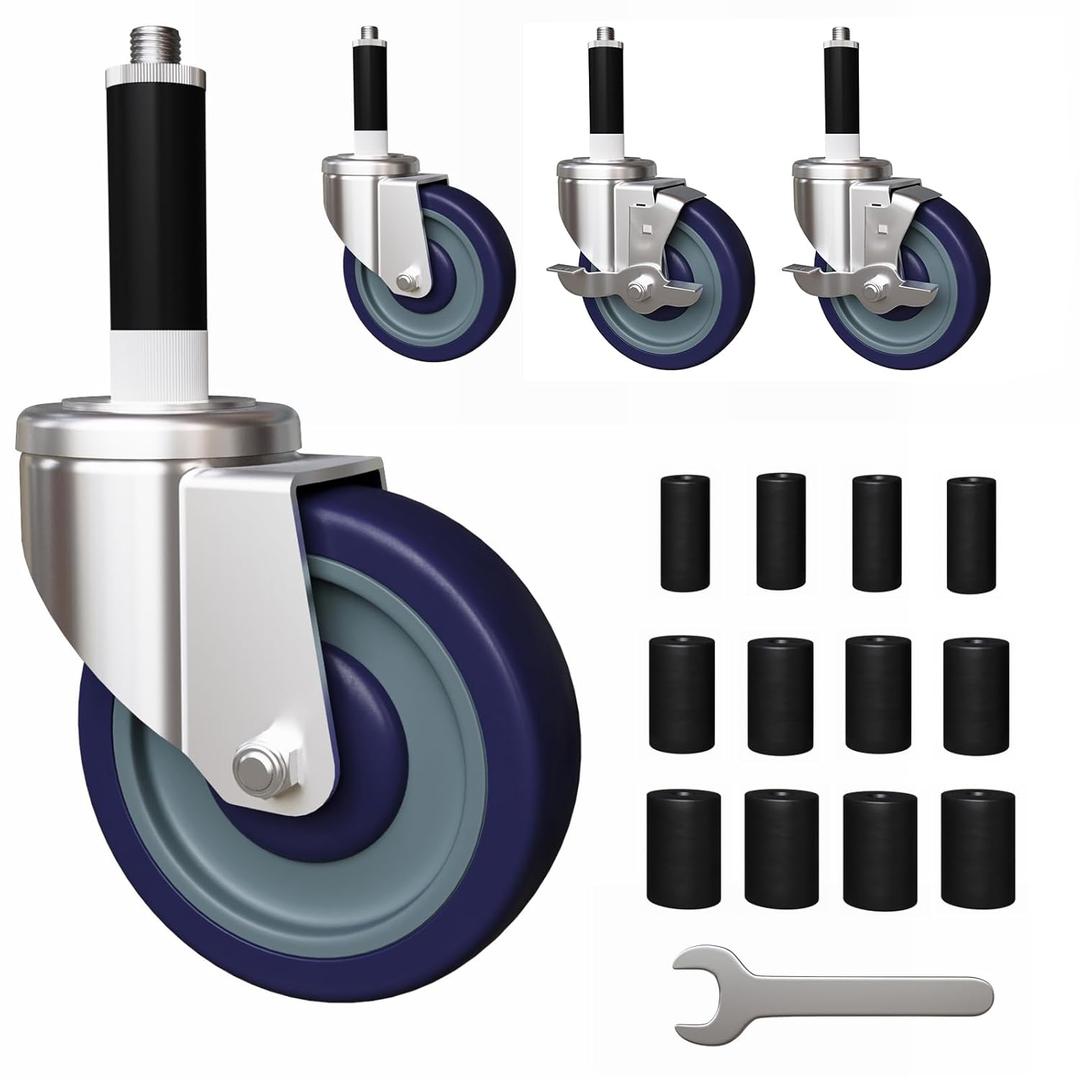5 inch Expanding Stem Caster Set of 4, Prep Table Casters Fit 7/8" to 1-3/4" ID Tube Pipe Legs for Stainless Steel Table, Equipment Stand, Carts, Wire Shelving Racks (2 with Brake)