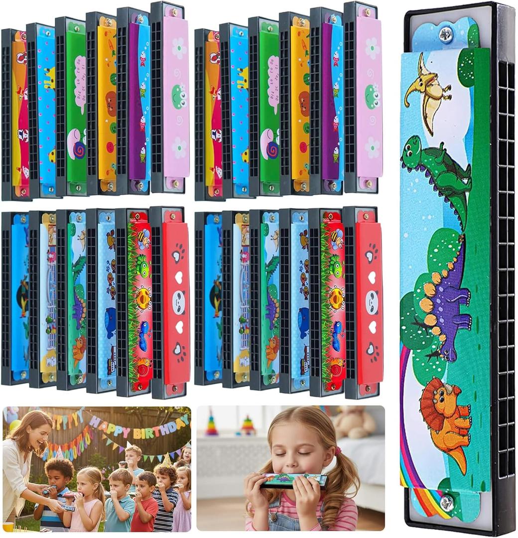 24 Pack Kids Harmonicas Birthday Party Favors - Colorful Cartoon Music Toys for Boys Girls Age 3-12, Goodie Bag Stuffers