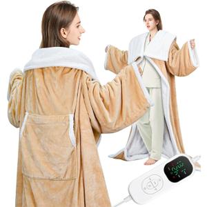 Wearable Heated Blanket Electric Snuggle with Foot Pocket/Sleeves, 59x70 Inch Heated Throw Blanket with for Women Men Adults, Super Soft Flannel & Sherpa Blanket Warmer for Home Office, Champagne Pink