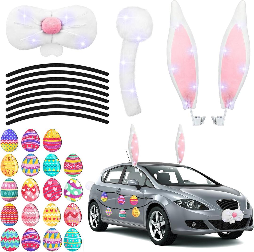 Baquler 32 Pcs Easter Car Rabbit Bunny Ears Decorations, Include Bunny Ears Nose with LED Light Bow Car Easter Eggs Garage Magnetic Decals Accessories for Vehicle Party Decorations, Without Battery