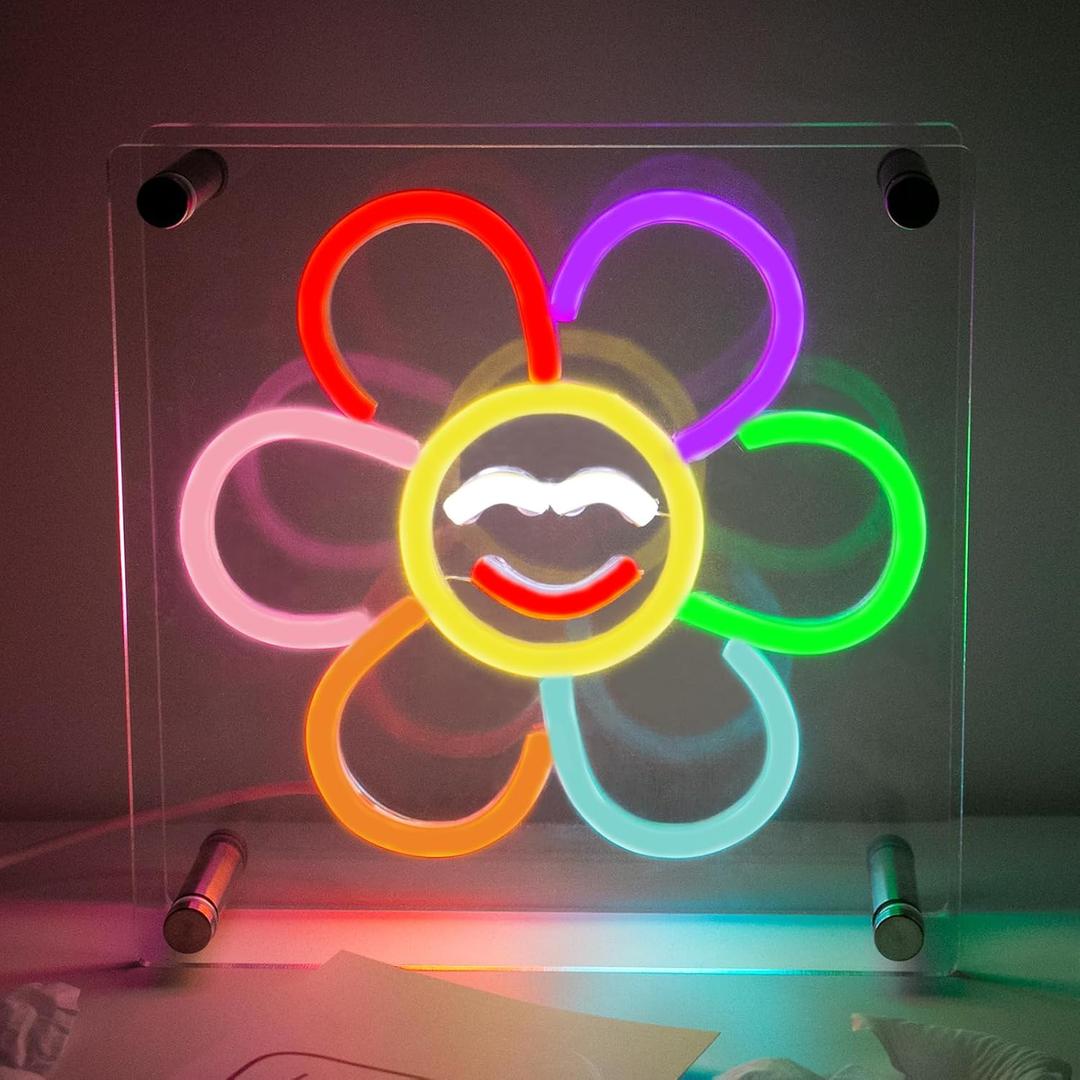 Goneons Flower Neon Sign Dimmable Multicolor Flowers Neon Lightbox for Desk, Double-Layer Smiling Face Flower LED Light up Signs for Table Bedroom Living Room Office Party Bar Restaurant Wall Decor