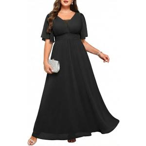 Plus Size Formal Dresses - V Neck Flutter Sleeves Evening Gowns Bridesmaid Wedding Guest Chiffon Long Maxi Dress (Black, XXL)