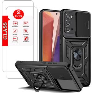 for Samsung Galaxy Note 20 5G Case with [2 Pack] Tempered Glass Screen Protector, for Galaxy Note 20 Dual Layer Protective Heavy Duty Rugged [Military-Grade] ProtectiveMagnetic Kickstand Car Holder (SJ-Black)
