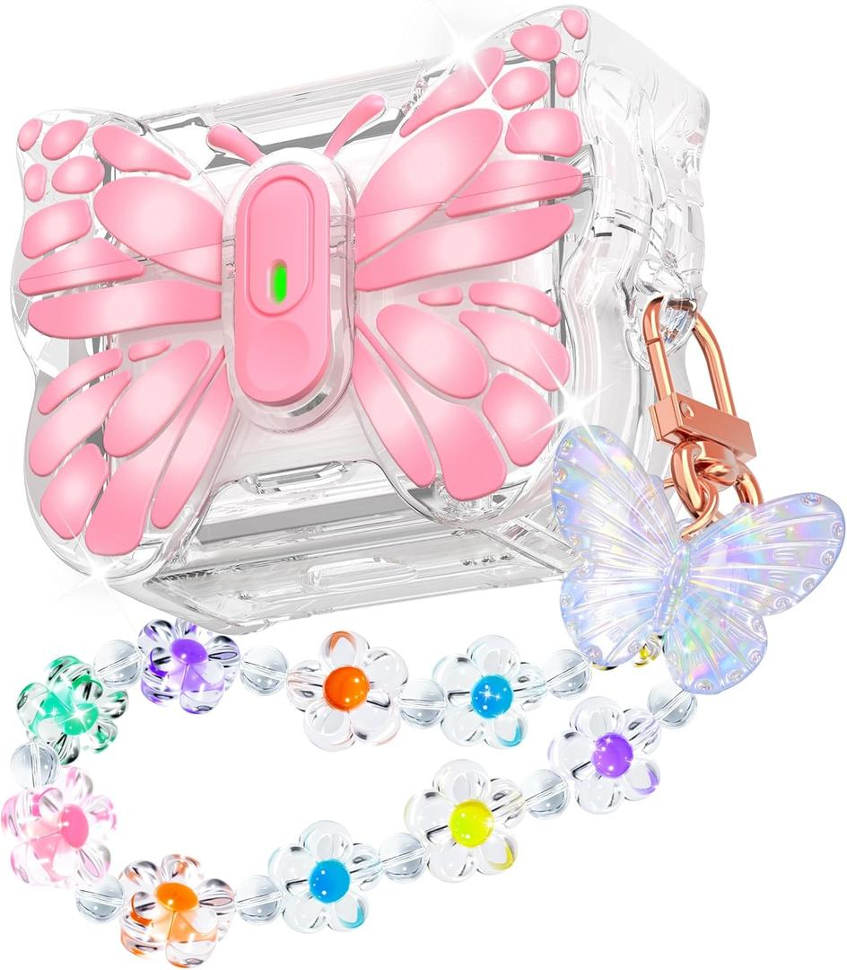 R-fun for AirPods Pro 3 Case Butterfly Artistry - Auto Pop-Up Lid & Kickstand, Military-Grade 360 Protection, with Beautiful Bracelet & Cleaning Kit for AirPods Pro 3 Gen, Pink