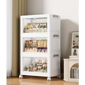 Hanyi 105 QT Stackable Storage Bins with Lids, 3 Tier Collapsible Plastic Storage Cabinet with Magnetic Doors, Removable Top Lid, Locking Wheels, Closet Organizer for Bedroom, Pantry, Office