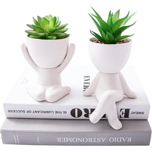 2 PCS Unique Artificial Plants Succulents Office Decor for Women and Men, Small Fake Plants with Human-Shaped Pots, Cute Faux Plants Indoor for Office or Home Decoration, White