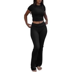 ZFLM Casual Workout Two Piece Outfits for Women Short Sleeve Crop High Waist Foldover Flare Pants Tracksuit Sets Streetwear (S)
