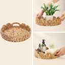 Yangqihome Round Scalloped Serving Tray, 14 inch Decorative Water Hyacinth Scalloped Basket with Built-in Handles, Round Ottoman Trays for Coffee Table for Kitchen and Living Room