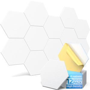 12 Pack Hexagon Acoustic Panels with Self-Adhesive, 12" X 10" X 0.4" Sound Proof Foam Panels for Walls, High Density Soundproof Wall Panels, Sound Dampening Panels for Home Studio Decor Office - White