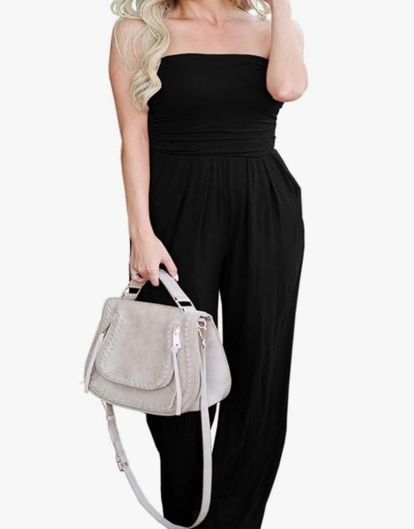 Women's Tube Top Strapless Off Shoulder Loose Wide Leg Jumpsuit Romper with Pockets Black S Women's Tube Top Strapless Off Shoulder Loose Wide Leg Jumpsuit Romper with Pockets Black S